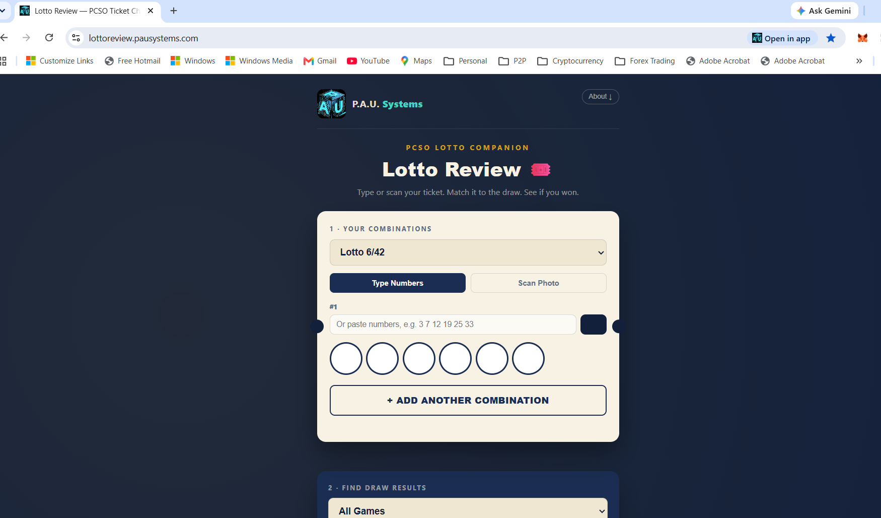 Lotto Review app screenshot showing the combination entry screen